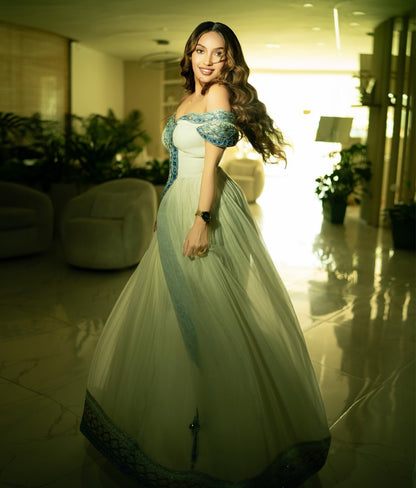 Stylish Ethiopian Clothing Blue Embroidered Habesha Dress Modern Off-Shoulder Habesha Kemis 774