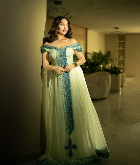 Off-Shoulder Habesha Kemis with Blue Embroidery Elegant Short Sleeve Ethiopian Dress