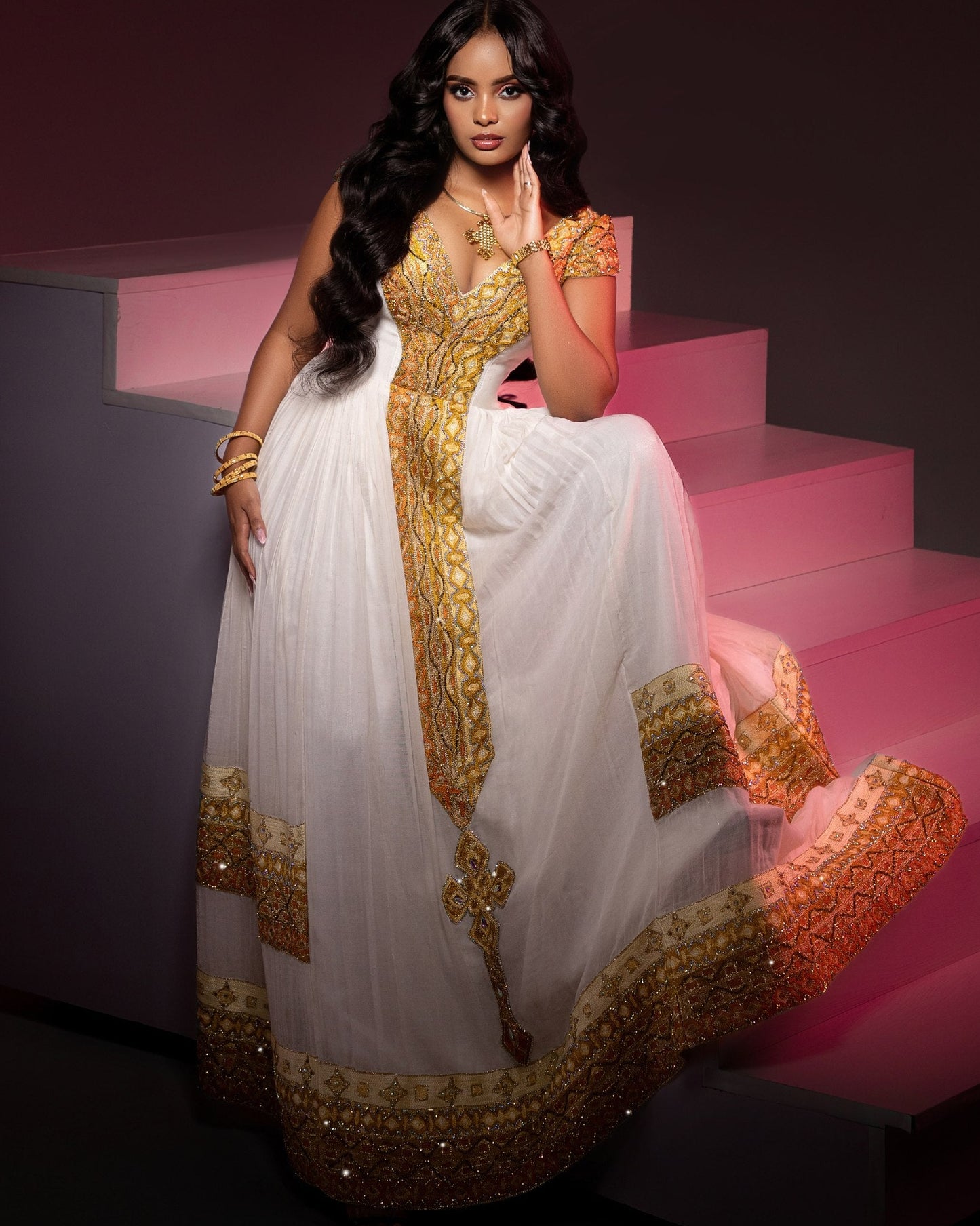 Luxurious Golden Accent Ethiopian Dress Elegant V-Neck Habesha Kemis Short Sleeve Habesha Dress 775