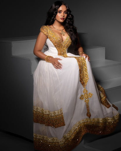 Luxurious Golden Accent Ethiopian Dress Elegant V-Neck Habesha Kemis Short Sleeve Habesha Dress 775