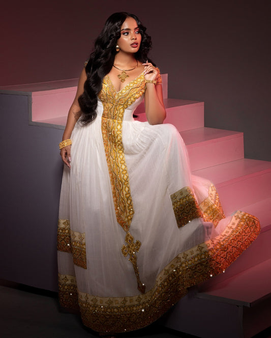 Regal V-Neck Habesha Attire with Golden Threadwork Refined Short Sleeve Kemis Ensemble