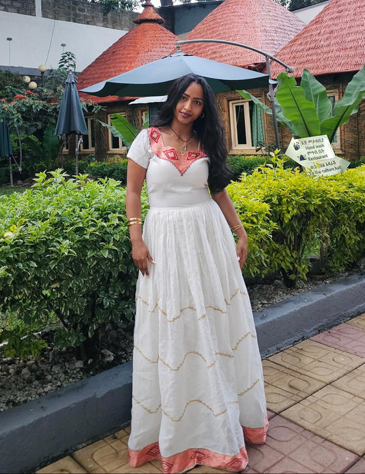 Pink and Red Habesha Dress Short Sleeve Habesha Kemis  Charming Ethiopian Dress