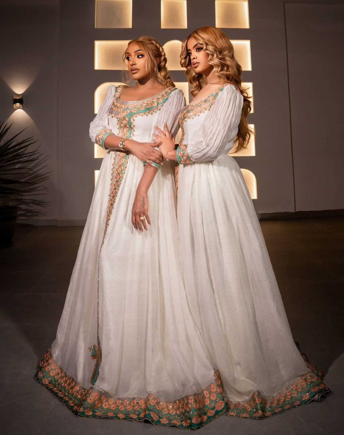 Peach And Turquoise Embroidery Habesha Dress V-neckline Ethiopian Clothing Festive Habesha Kemis 778