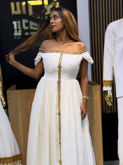 Robe Habesha de luxe, détails dorés, vêtements éthiopiens, style Habesha Kemis épaules dénudées 780