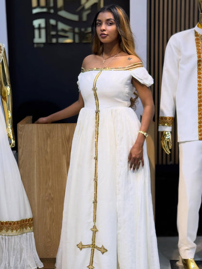 Robe Habesha de luxe, détails dorés, vêtements éthiopiens, style Habesha Kemis épaules dénudées 780
