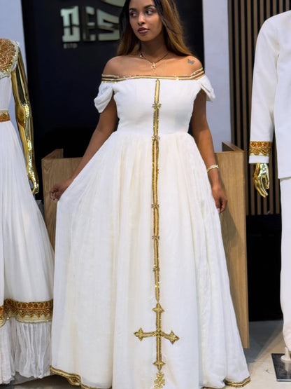 Luxury Habesha Dress Golden Detail Ethiopian Clothing Off-Shoulder Traditional Style