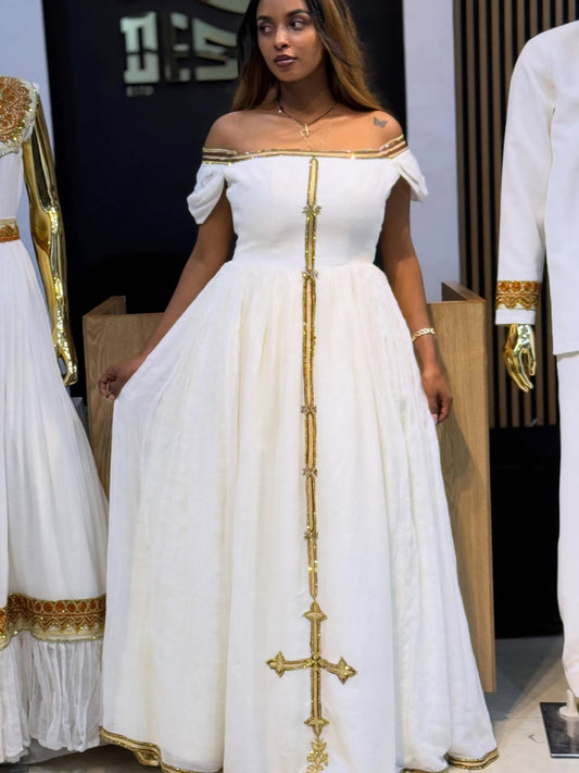 Luxury Habesha Dress Golden Detail Ethiopian Clothing Off-Shoulder Traditional Style
