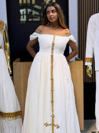 Robe Habesha de luxe, détails dorés, vêtements éthiopiens, style Habesha Kemis épaules dénudées 780