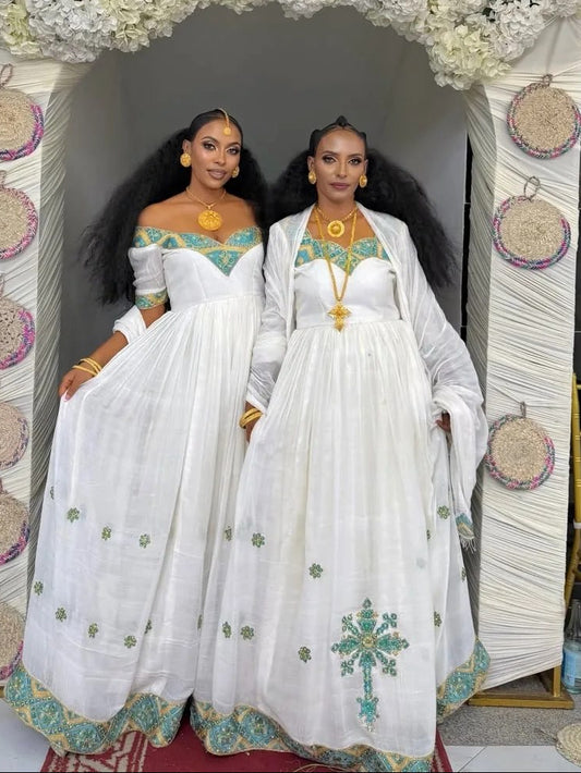Off-Shoulder Habesha Dress with Golden Detail Elegant Habesha Kemis Traditional Ethiopian Dress