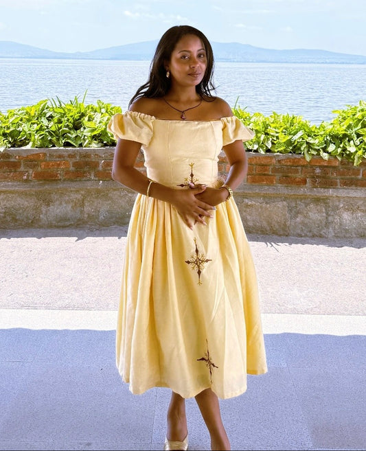 Off-Shoulder Yellow Habesha Dress Elegant Ethiopian Kemis with Golden Embroidery
