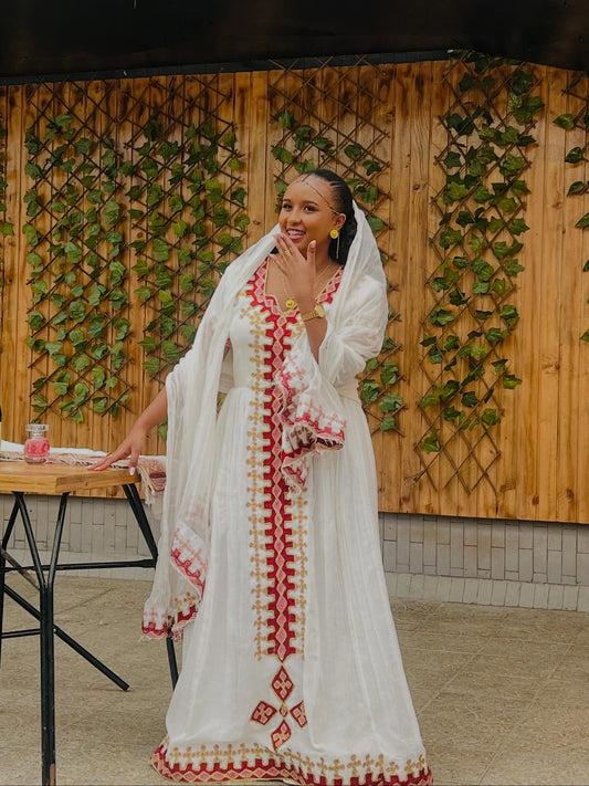 Traditional Habesha Kemis with Red Embroidery Elegant Ethiopian Cultural Dress