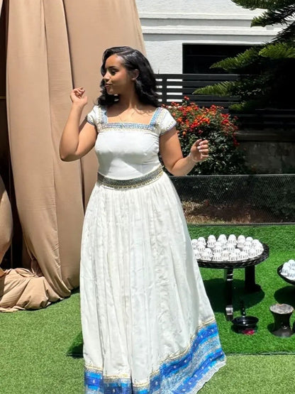Authentic Ethiopian Clothing Blue Hem Habesha Kemis Fashion Eritrean Dress Inspired Style 787