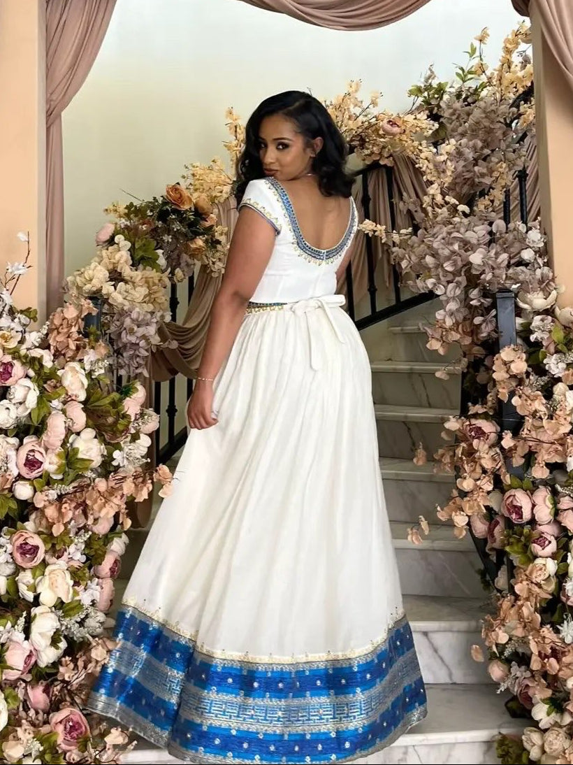 Authentic Ethiopian Clothing Blue Hem Habesha Kemis Fashion Eritrean Dress Inspired Style 787
