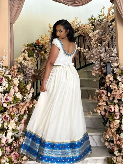 Authentic Ethiopian Clothing Blue Hem Habesha Kemis Fashion Eritrean Dress Inspired Style 787