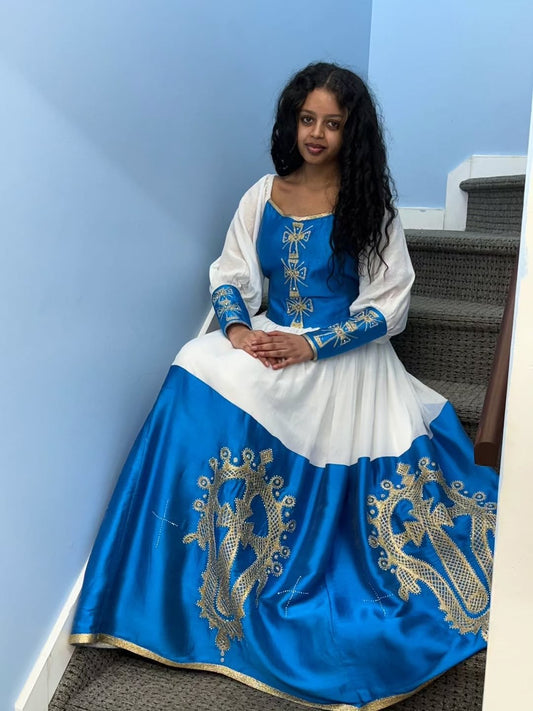Habesha Kemis Style Traditional Ethiopian Dress with Blue Woven Details