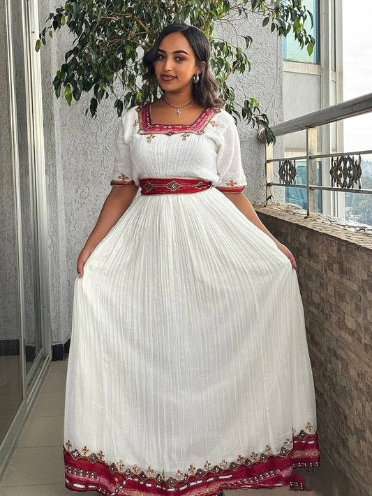 Burgundy Pattern Habesha Kemis | Short Sleeve Cultural Ethiopian Gown