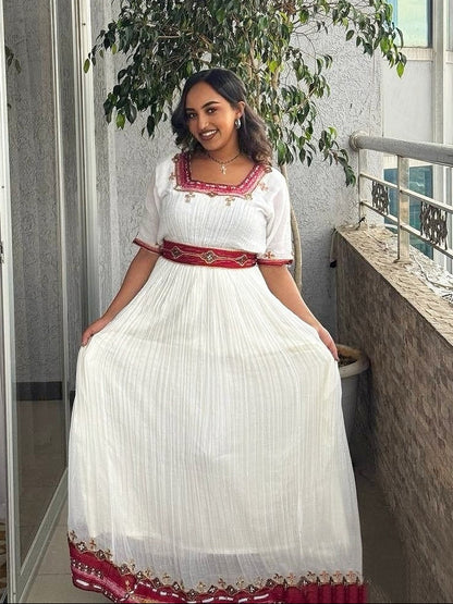 Burgundy Pattern Habesha Kemis Short Sleeve Cultural Ethiopian Clothing Timeless Habesha Dress 