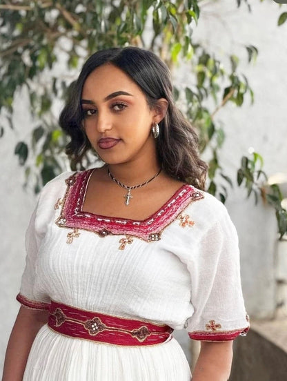Burgundy Pattern Habesha Kemis Short Sleeve Cultural Ethiopian Clothing Timeless Habesha Dress 789