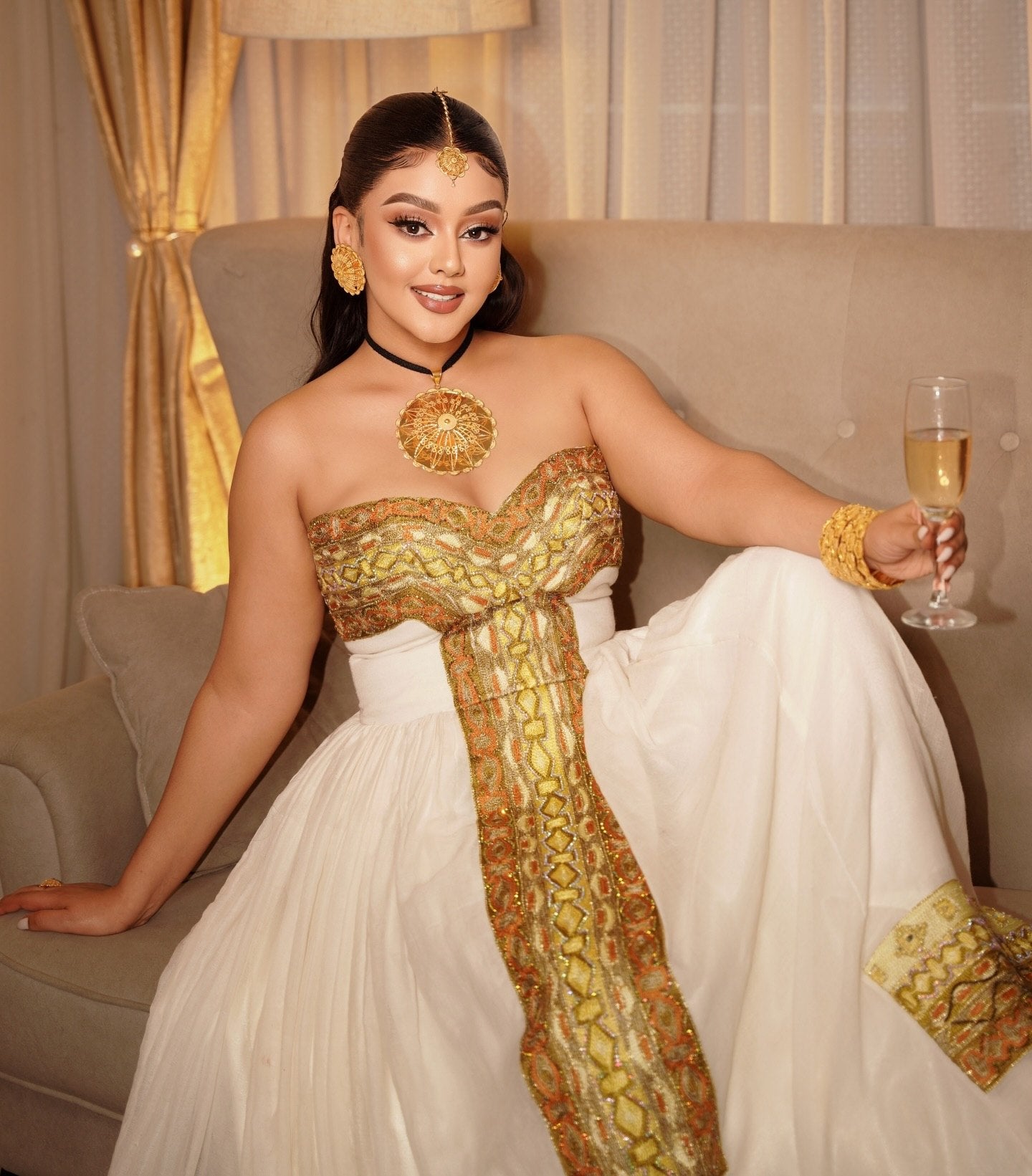 Strapless Habesha Dress Golden Embroidery Habesha Kemis Graceful Ethiopian Dress 790