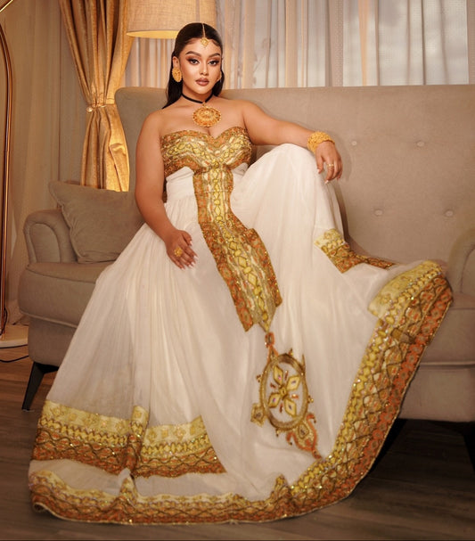 Strapless Habesha Dress Golden Embroidery Habesha Kemis Graceful Ethiopian Dress 