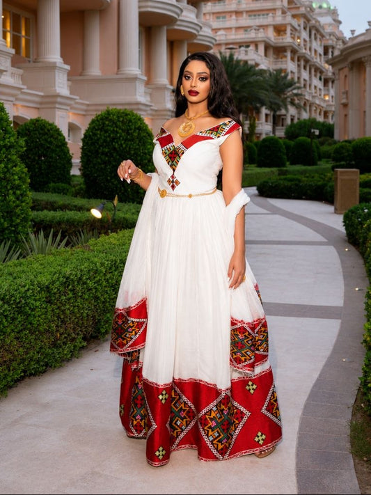 Red Woven Ethiopian Dress Sleeveless Habesha Kemis Timeless Habesha Dress