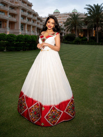 Red Woven Ethiopian Dress Sleeveless Habesha Kemis Timeless Habesha Dress For Event 792