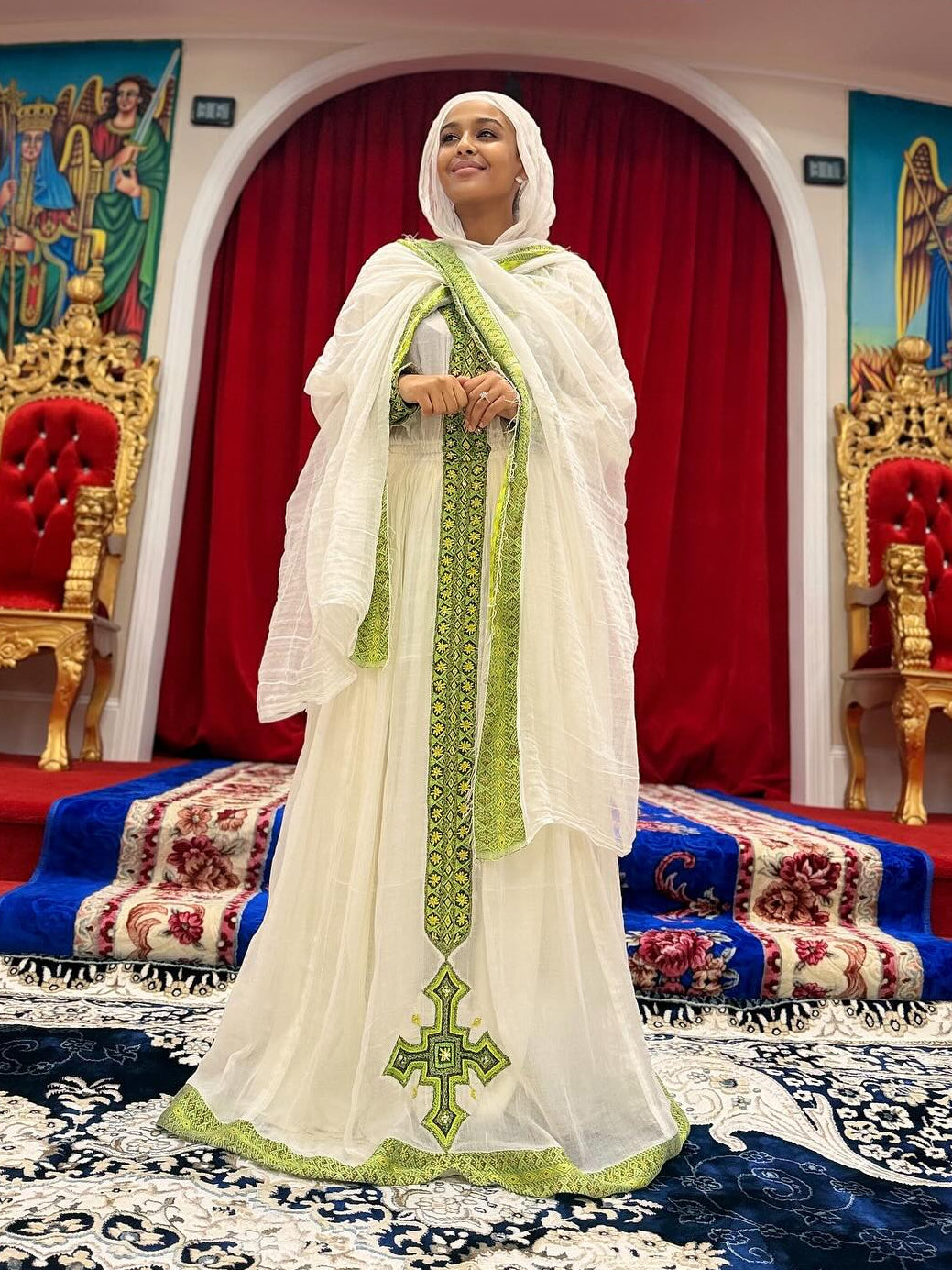 Traditional Ethiopian Dress Graceful Long Sleeve Ethiopian Dress with Green Embroidery