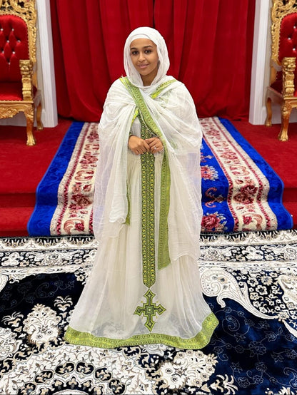Traditional Ethiopian Dress Graceful Habesha Kemis Green Embroidery  Habesha Dress For Church 793