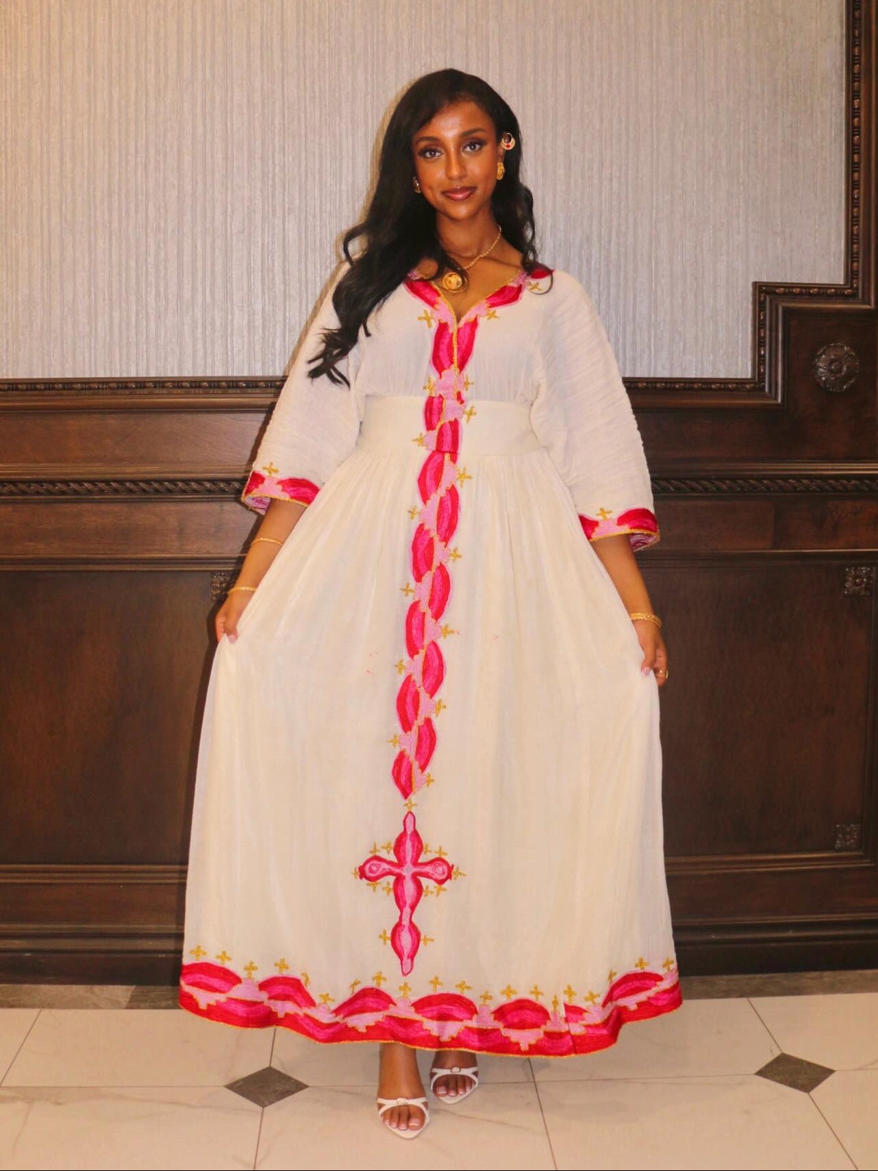 Radiant Habesha Kemis Red and Pink Embroidery Ethiopian Clothing  Minimalist Cultural Habesha Dress 795