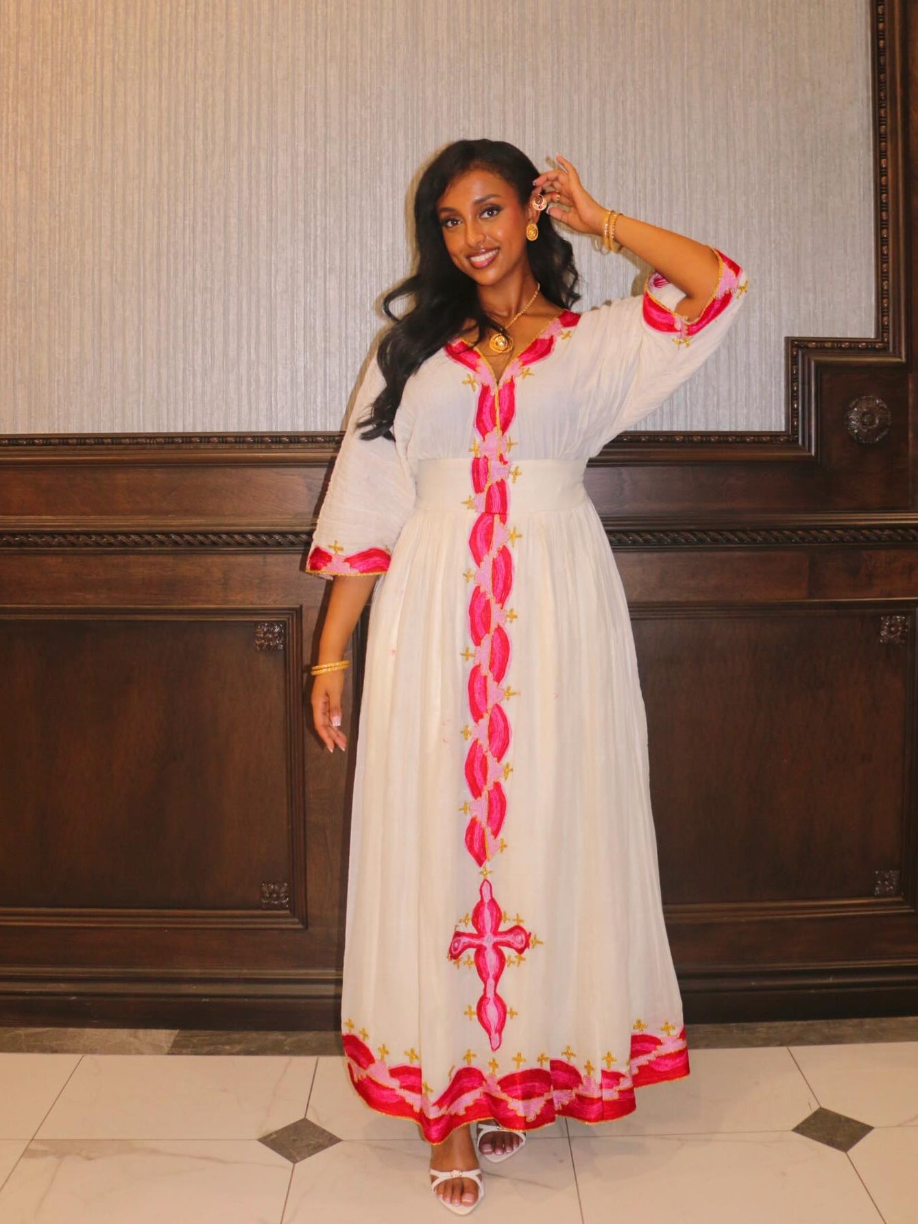 Refined Ethiopian Traditional Dress Contemporary Habesha Dress with Artistic Red and Pink Needlework
