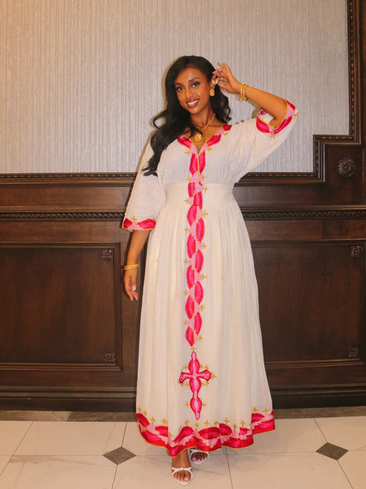 Refined Ethiopian Traditional Dress Contemporary Habesha Dress with Artistic Red and Pink Needlework