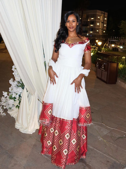 Sophisticated Ethiopian Dress Off-Shoulder Habesha Dress Artistic Red Woven Design Habesha Kemis 796
