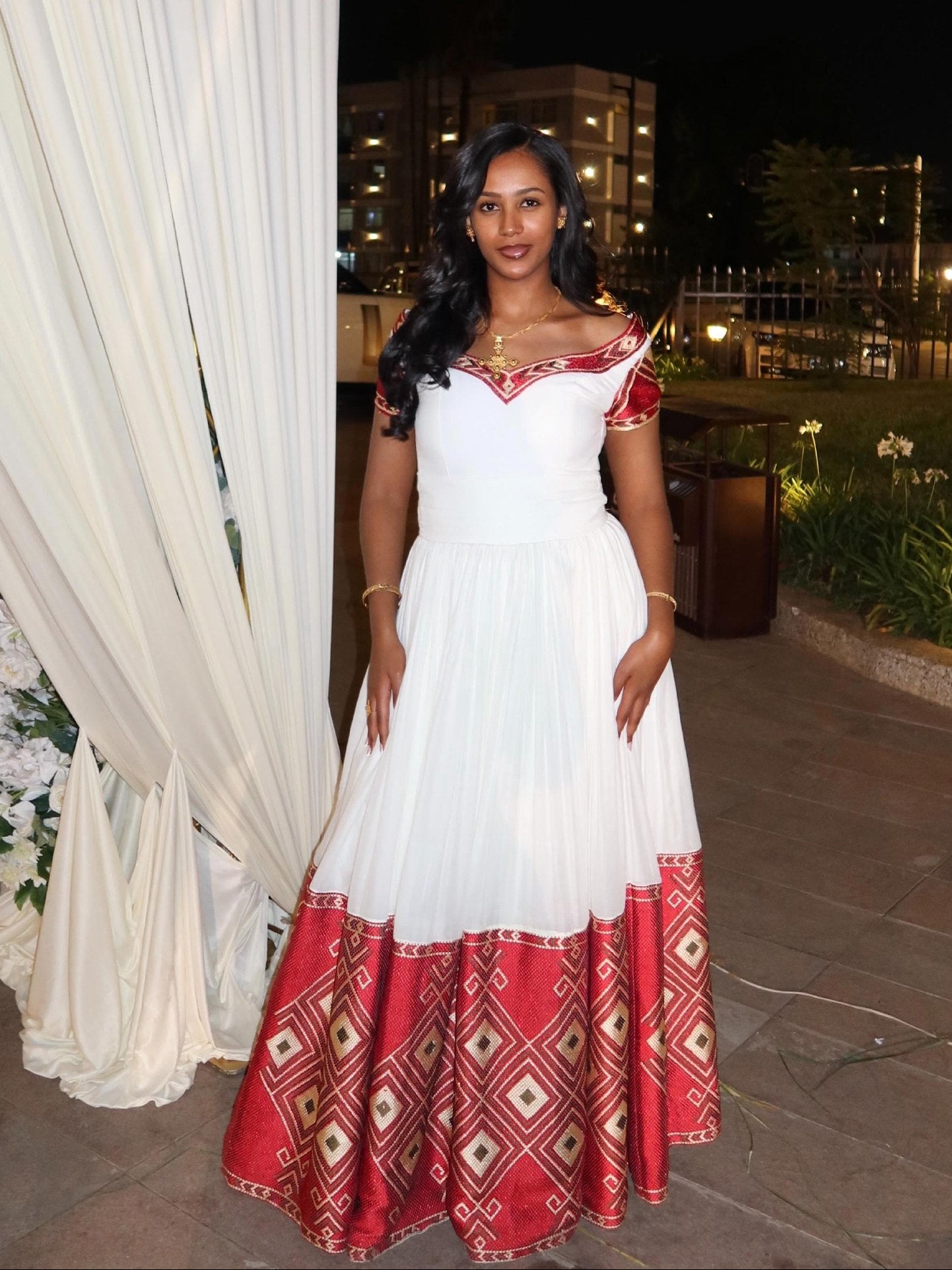 Sophisticated Ethiopian Dress Off-Shoulder Habesha Dress Artistic Red Woven Design Habesha Kemis 796
