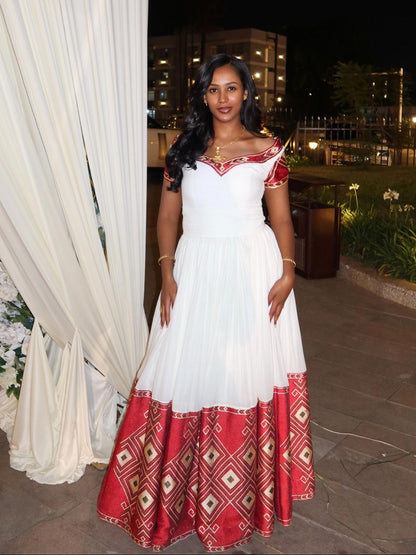 Sophisticated Ethiopian Dress Off-Shoulder Habesha Dress Artistic Red Woven Design Habesha Kemis 796