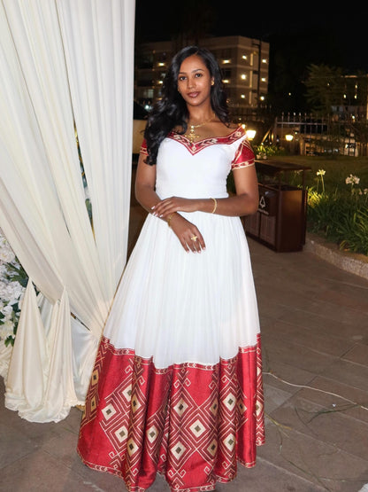 Elegant Off-Shoulder Habesha Kemis with Rich Red Woven Traditional Detailing