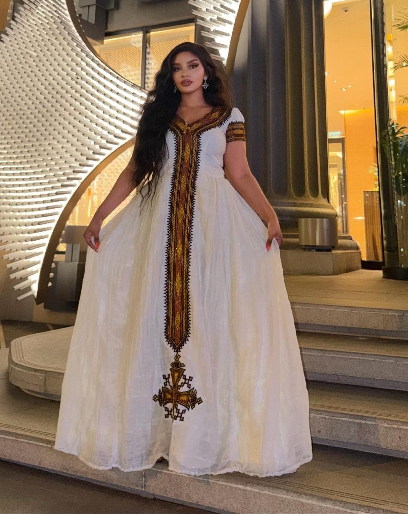 Traditional Ethiopian Dress Sophisticated White Habesha Dress with Rich Gold Embroidery