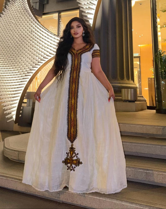 Traditional Ethiopian Dress Sophisticated White Habesha Dress with Rich Gold Embroidery