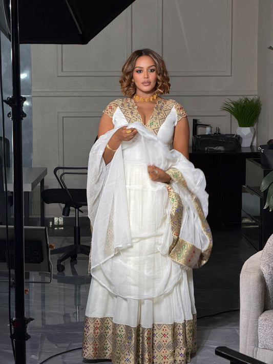 Traditional Ethiopian Dress | Sophisticated White Eritrean Dress with Artistic Woven Details