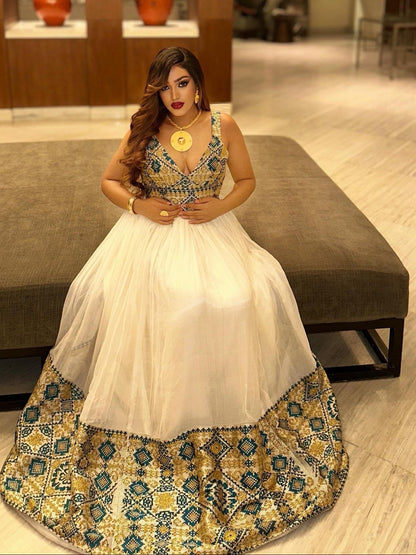 Traditional Ethiopian Dress Stylish Habesha Dress Blue and Gold Habesha Kemis For Event 799
