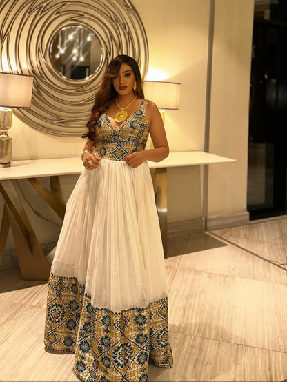 Traditional Ethiopian Dress Stylish Habesha Dress Blue and Gold Habesha Kemis For Event 799