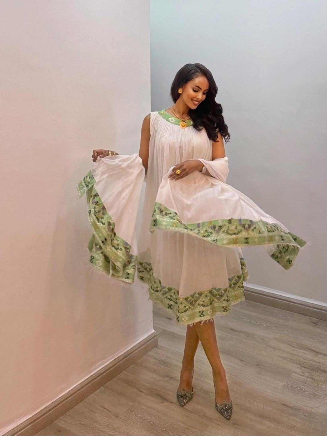Graceful Green Habesha Kemis with Refined Minimalist Heritage Inspired Elegance