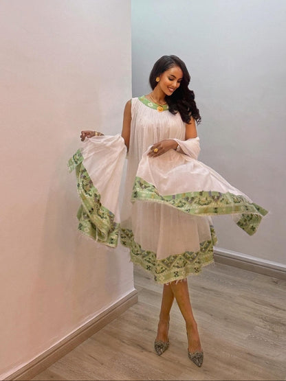 Graceful Green Habesha Kemis with Refined Minimalist Heritage Inspired Elegance