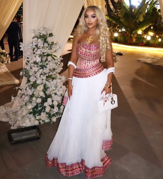Traditional Ethiopian Dress Glamorous White Habesha Dress with Pink Embellished Detailing