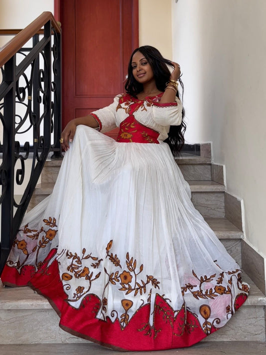 Elegant Ethiopian Traditional Dress | Classic Red Habesha Dress with Heritage Style