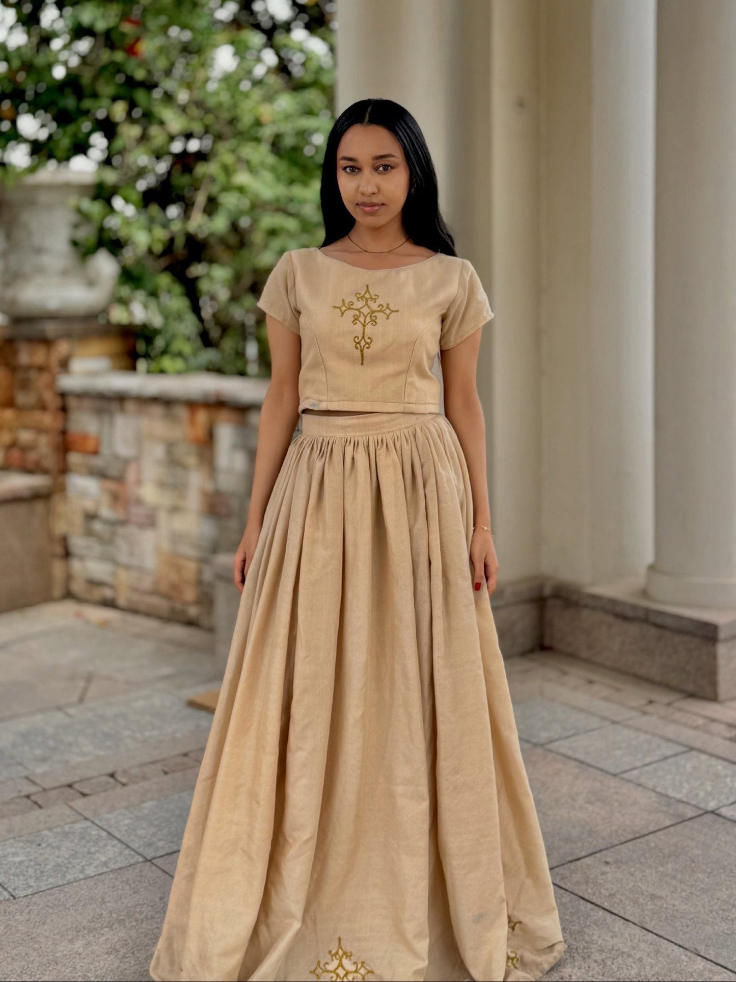 Majestic Beige Habesha Kemis Sacred Cross Motif Habesha Dress and Short Sleeve Ethiopian Clothing 807