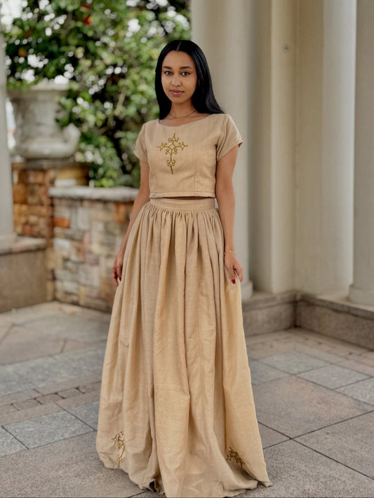 Traditional Ethiopian Dress Beige Habesha Dress with Iconic Cross Embroidery