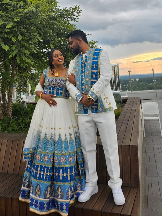Matching Habesha Couple Set Blue Embroidered Ethiopian Cultural Fashion Collection