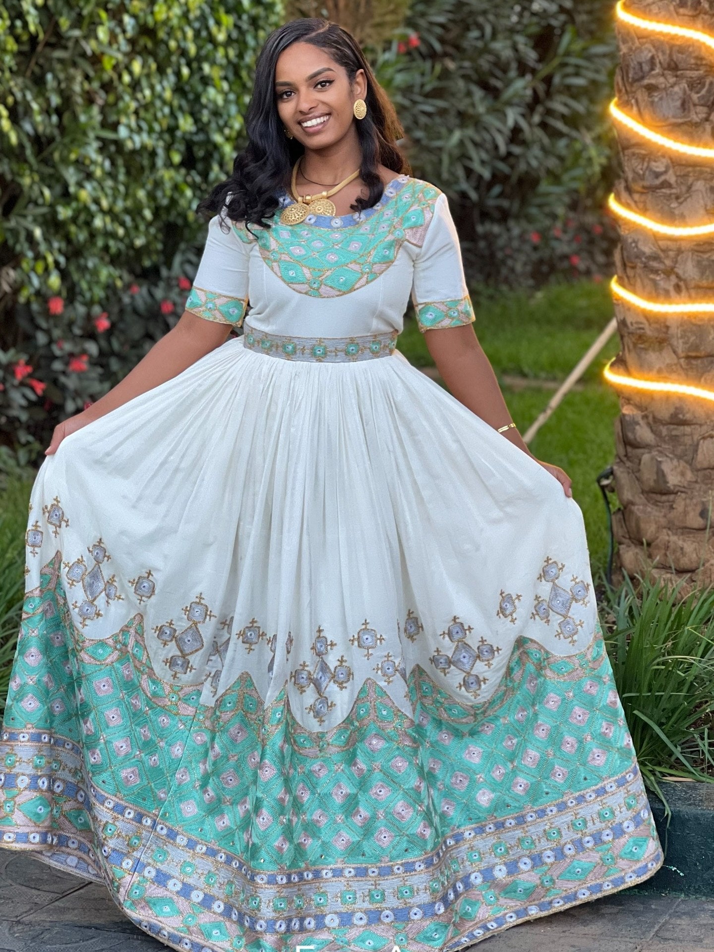 Traditional Ethiopian Wedding Dress Graceful Ethiopian Traditional Dress with Mint Embroidery