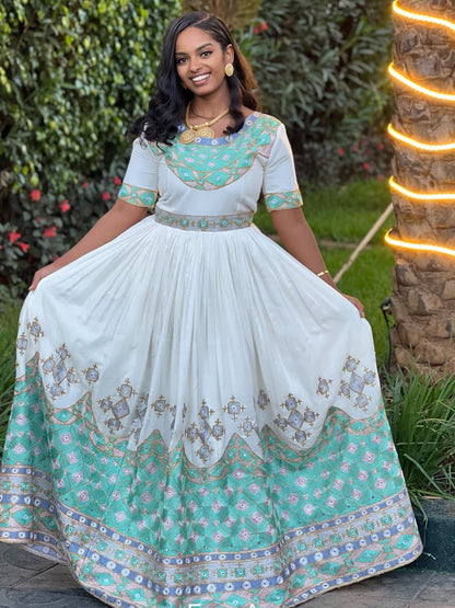 Traditional Ethiopian Wedding Dress Graceful Ethiopian Traditional Dress with Mint Embroidery