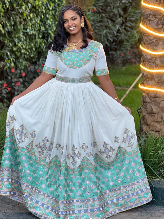 Traditional Ethiopian Wedding Dress Graceful Ethiopian Traditional Dress with Mint Embroidery